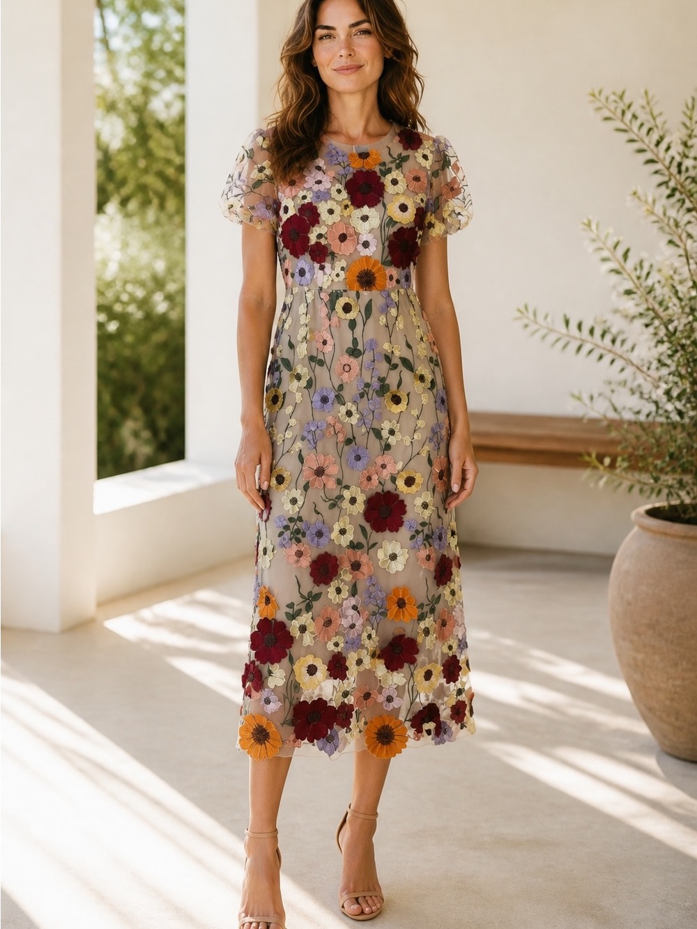 Chicwish Nude Midi Dress with Multicolored Floral Appliqués 3D
